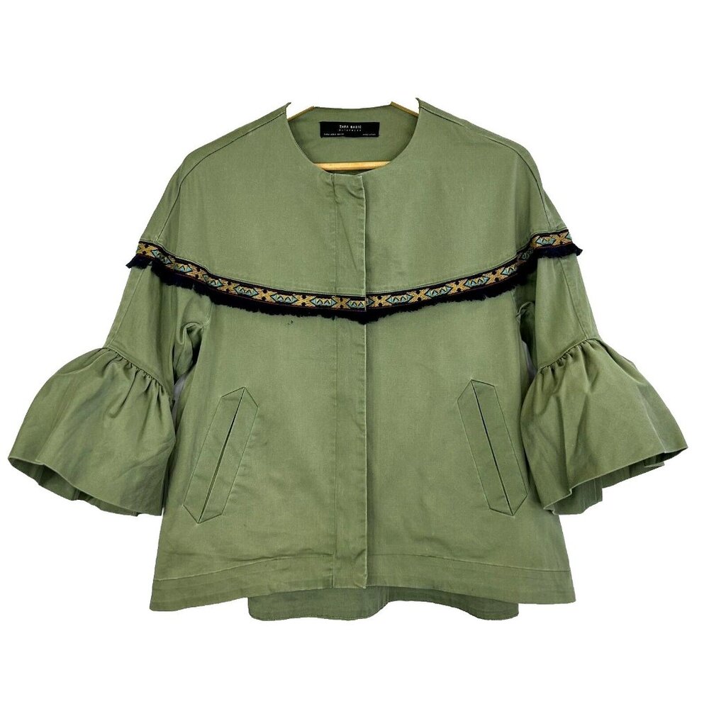 ZARA Jacket Womens Medium Boho Southwestern Aztec Embroidered Fringe Bell Sleeve